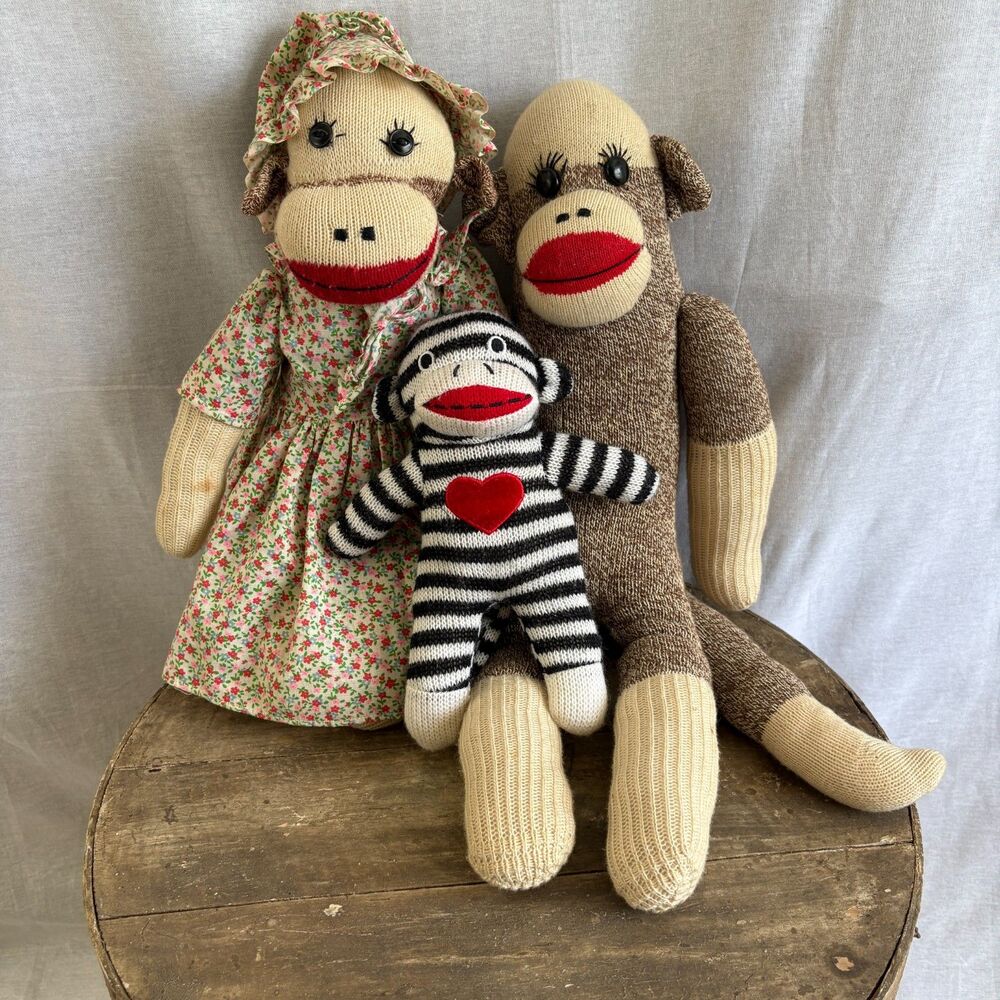 Vintage Sock Monkey Pair + Dan Dee Heart Monkey Trio Folk Art